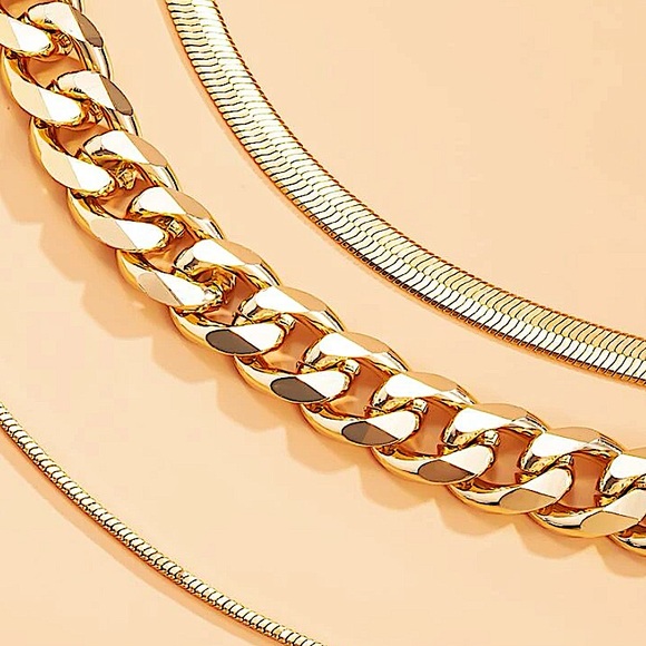 Multilayer Gold Plated Cuban Chain Link Herringbone Flat Snake Choker Necklace - Picture 3 of 6